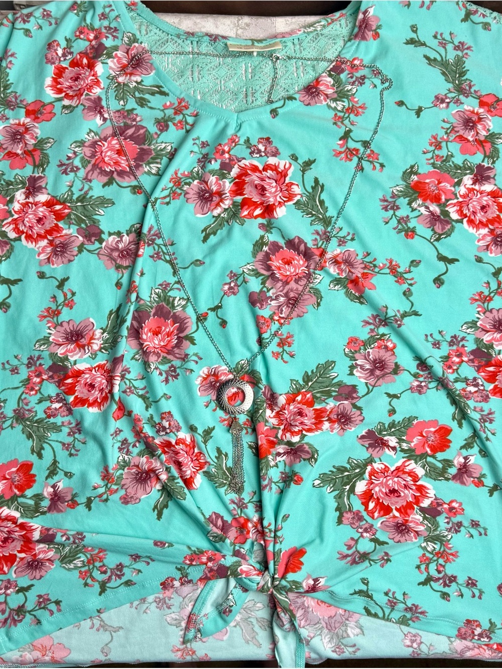 Bobbie Brooks Floral Print Knot Front Shirt Top Blouse Cap Sleeve Mint EUC 1X😍